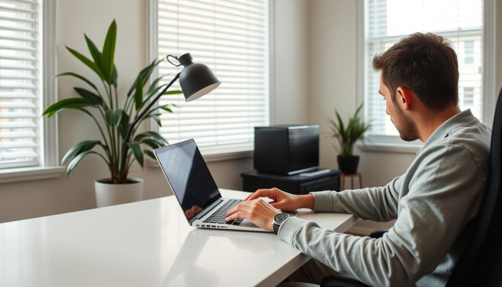 Person using laptop on a desk in a well-ventilated environment