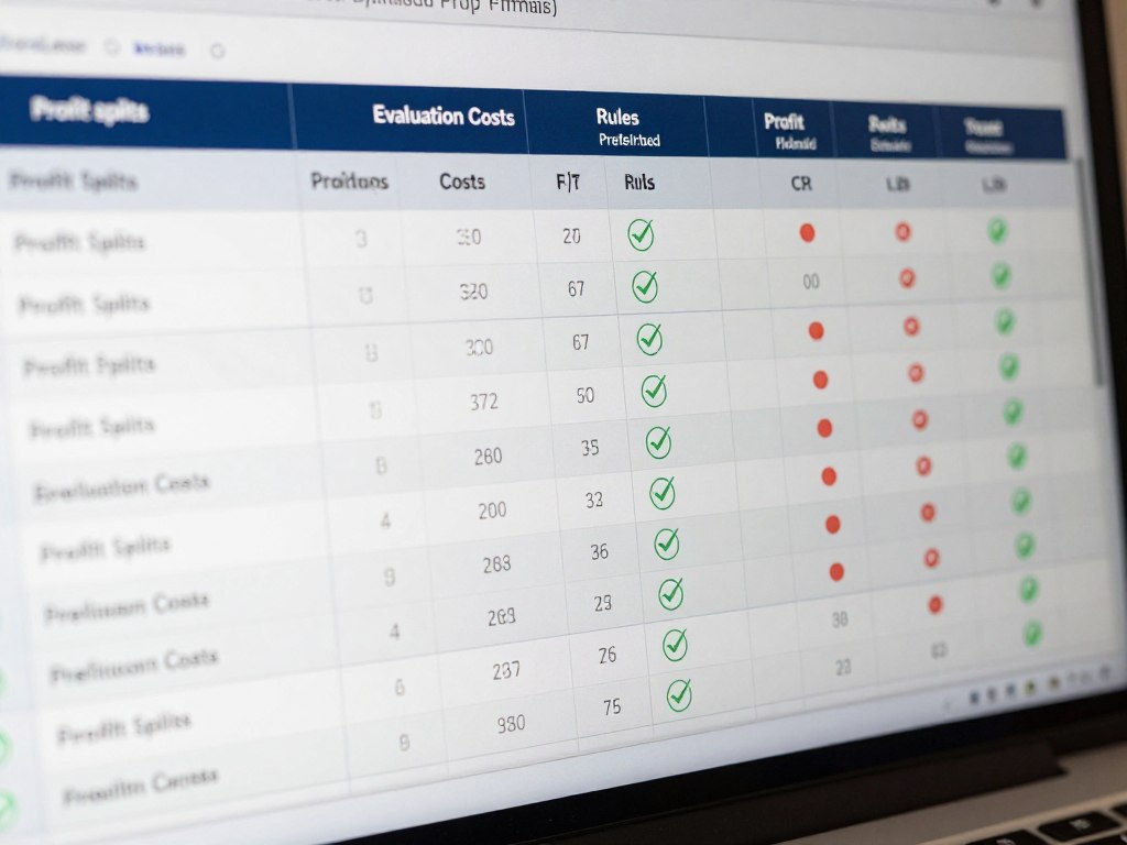 Prop firm comparison spreadsheet with checkmarks showing selection criteria evaluation