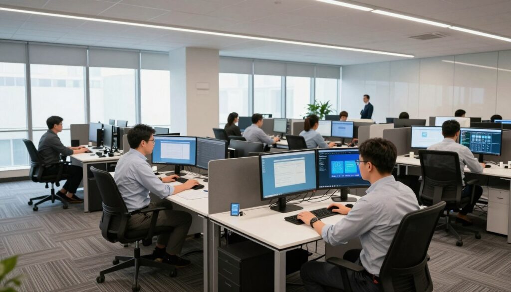 Prop firm office with traders working at trading desks with multiple monitors