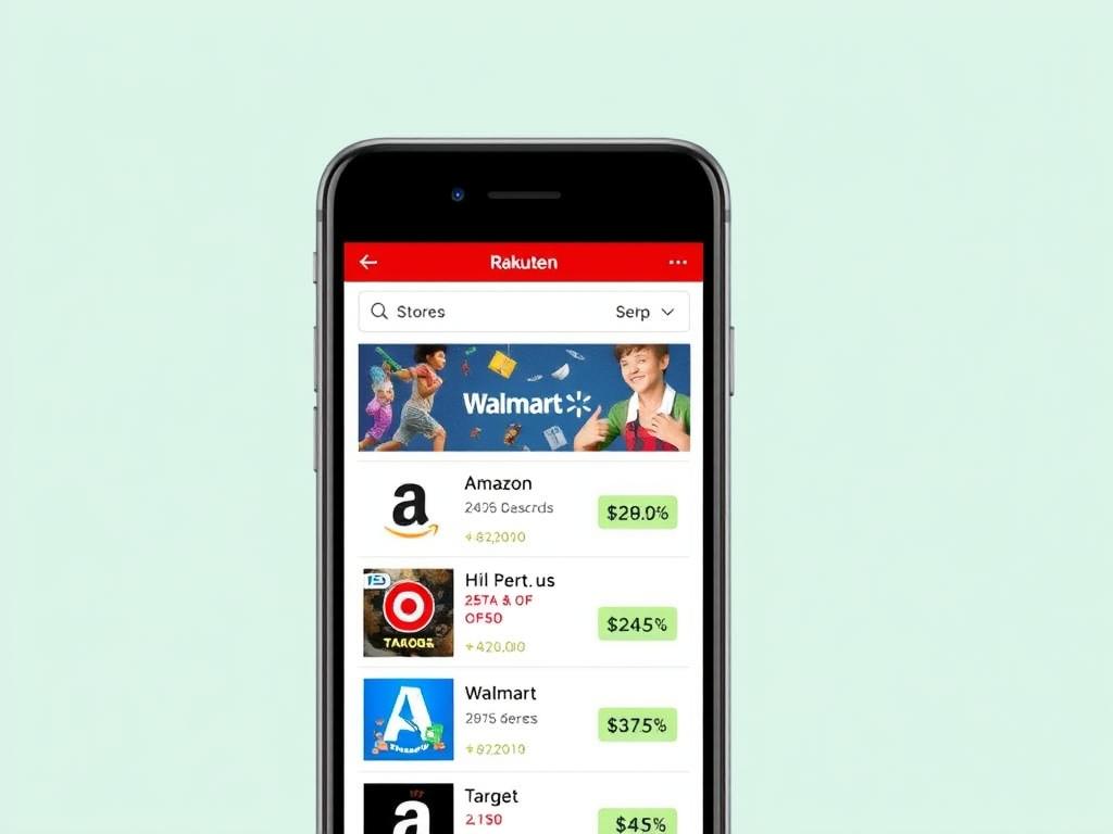 Rakuten app showing cashback offers from popular online retailers