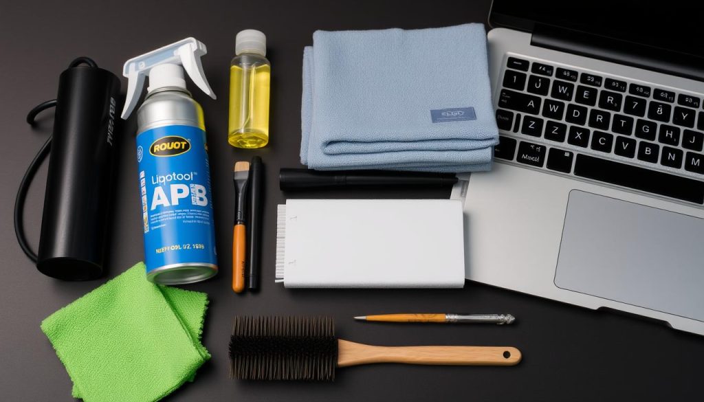 Regular laptop maintenance with cleaning tools