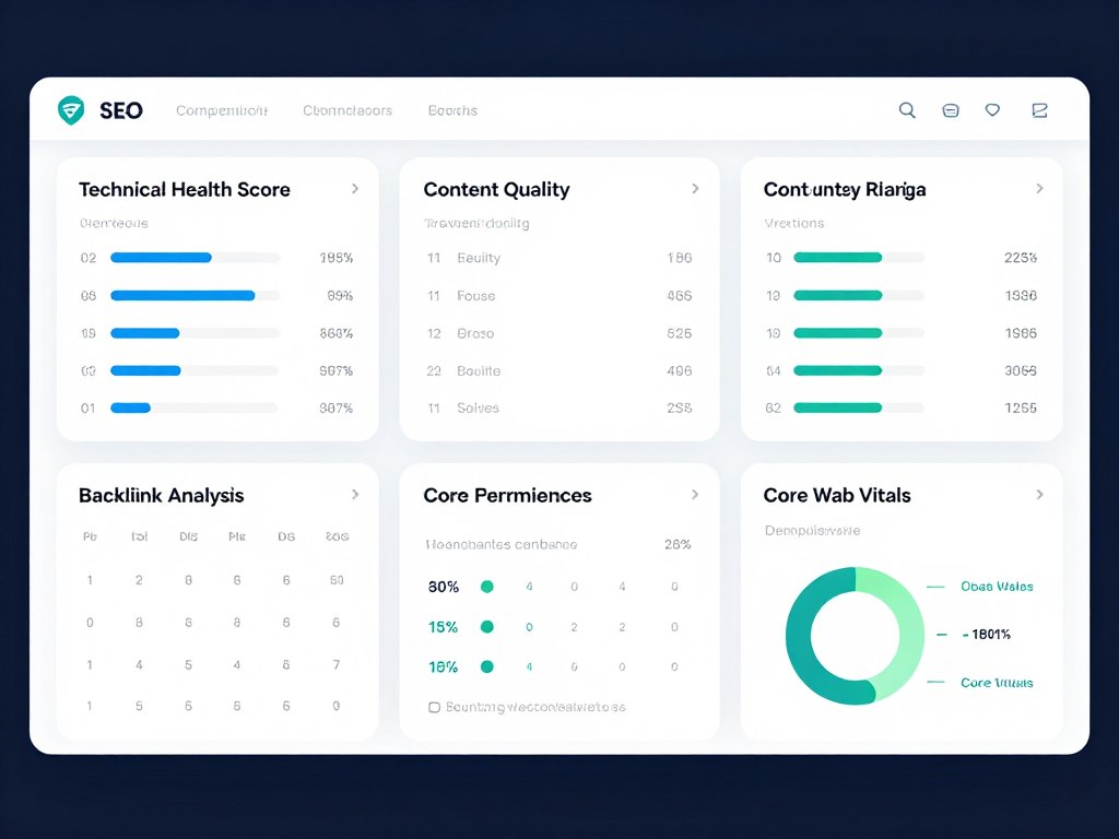 SEO audit dashboard showing various health metrics and scores