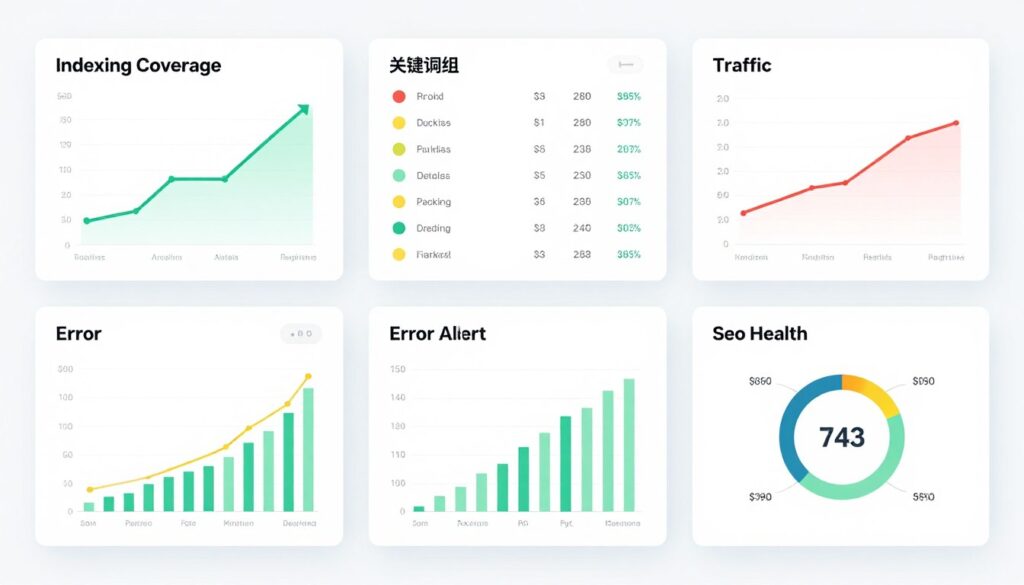 SEO monitoring dashboard showing various metrics and alerts for React application