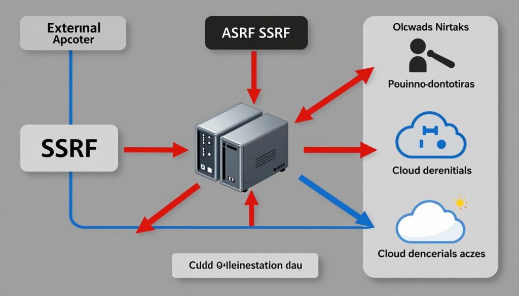 SSRF attack visualization showing external attacker exploiting server to access internal resources
