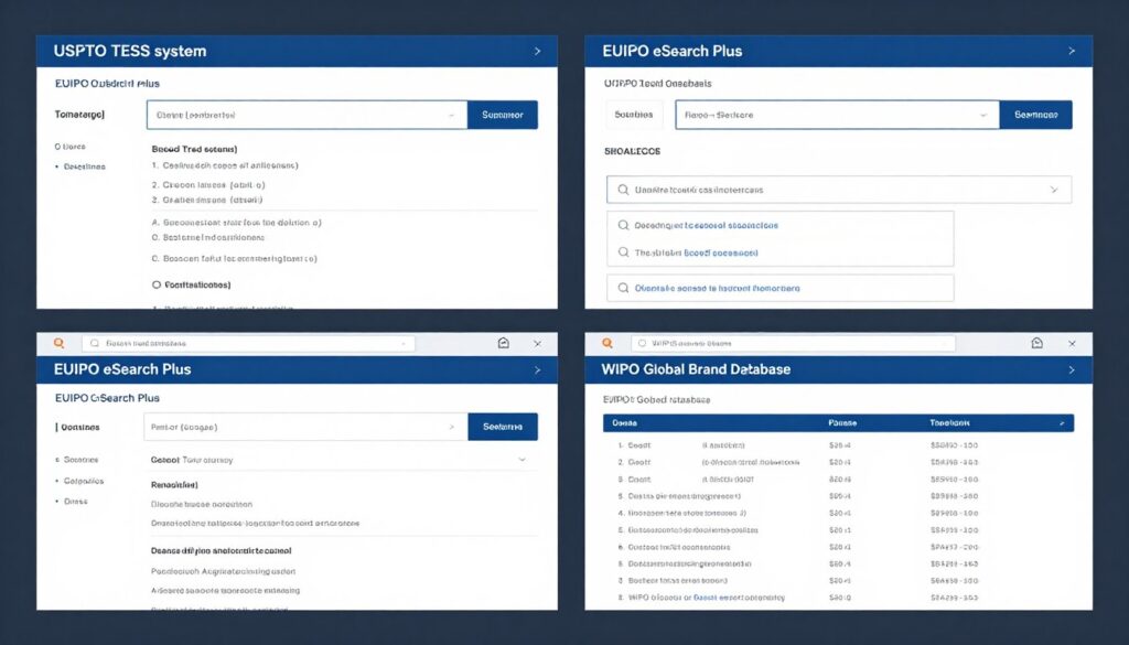 Screenshot of trademark search databases including USPTO, EUIPO, and WIPO