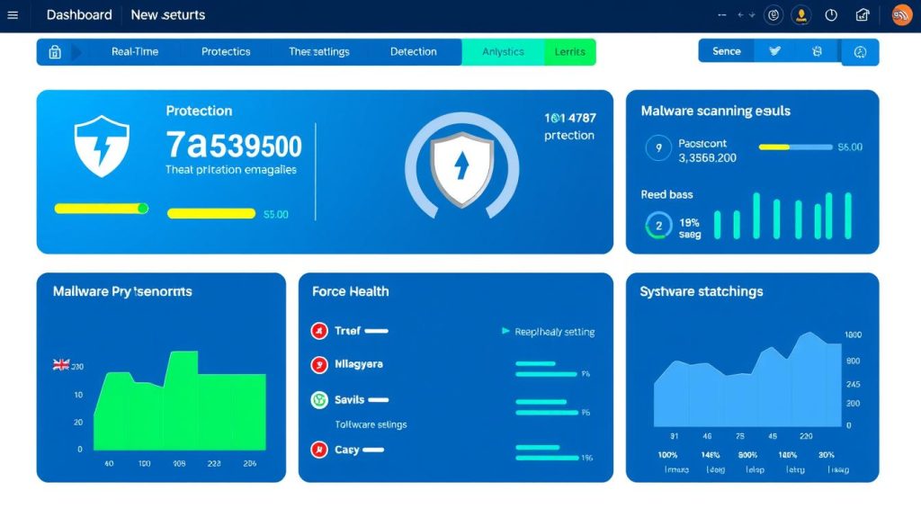Security software dashboard showing real-time protection features including antivirus, firewall, and malware scanning