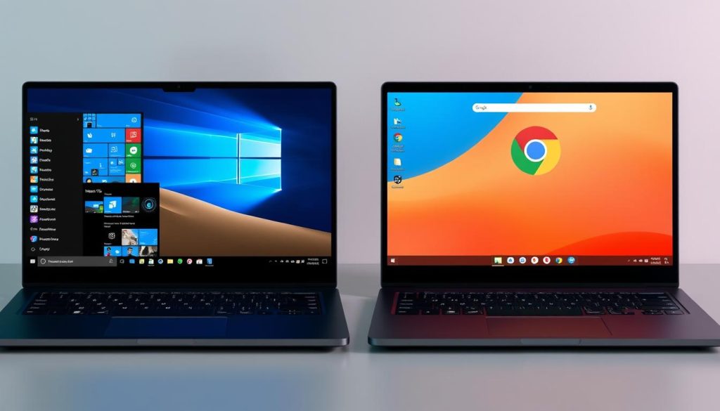 Side by side comparison of Windows laptop and Chromebook interfaces under $500