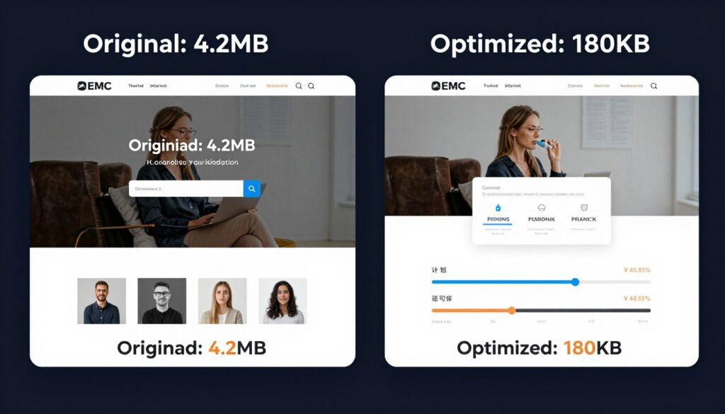 Side-by-side comparison of original large image file versus optimized compressed version
