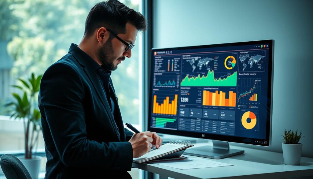 Small business owner analyzing customer data with AI visualization tools