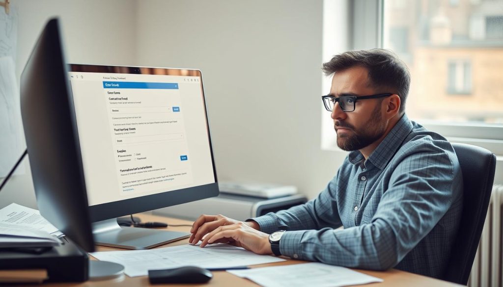 Small business owner looking frustrated while setting up an AI tool on computer