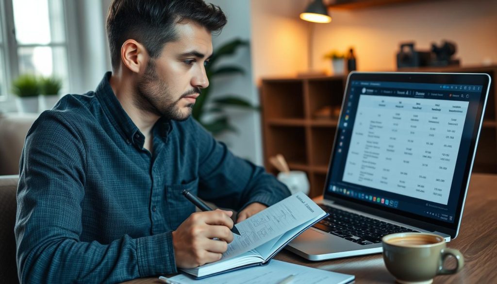Small business owner researching AI tools on laptop with notepad