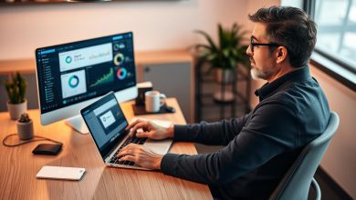 Small business owner using AI tools on laptop and tablet to manage operations