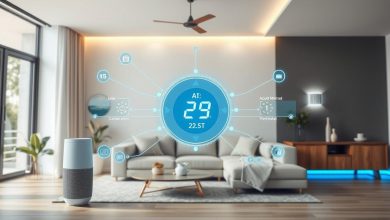 Smart home system with AI in daily life showing connected devices and voice assistant