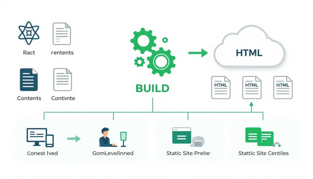 Static site generation workflow showing build process creating HTML files from React components