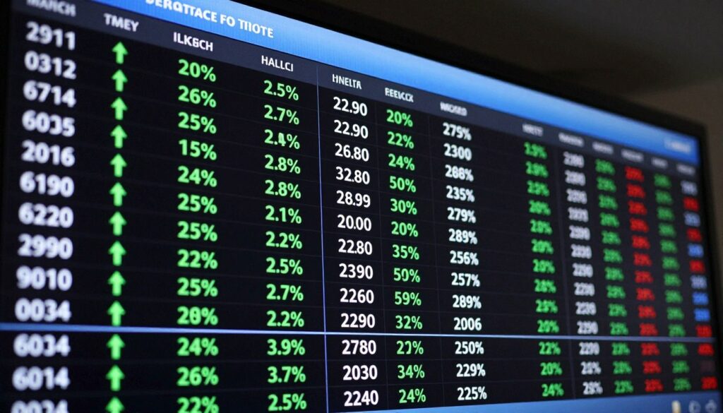 Stock market ticker board showing rising green arrows and positive percentage gains