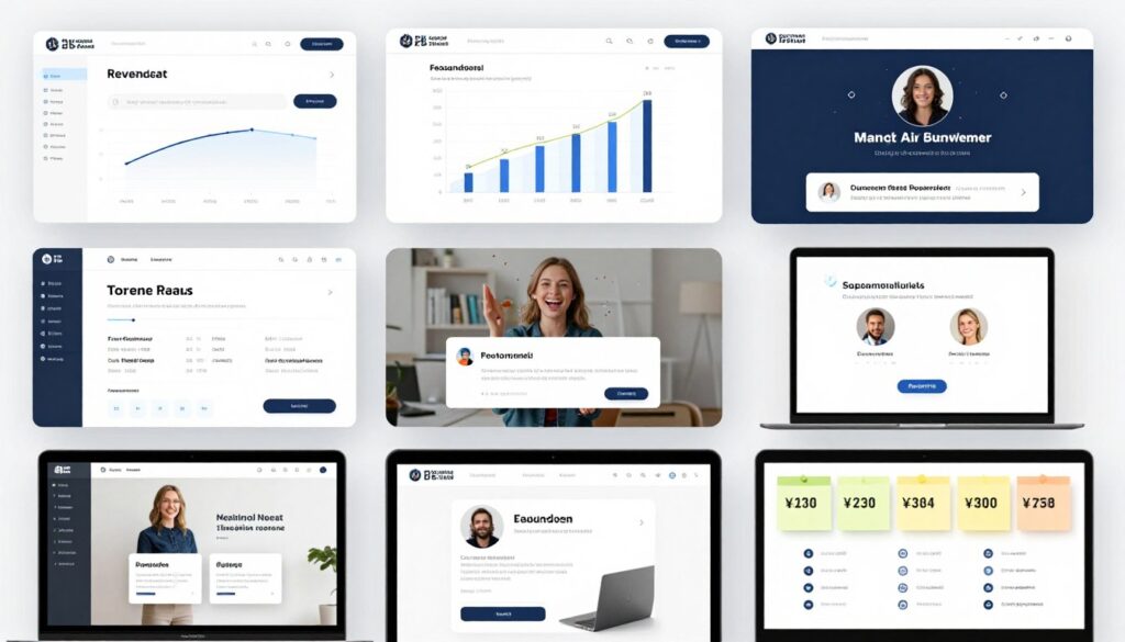 Success stories collage showing profitable web applications dashboard