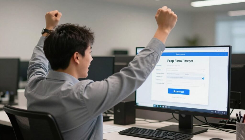 Successful trader celebrating first payout from prop firm with withdrawal confirmation on screen