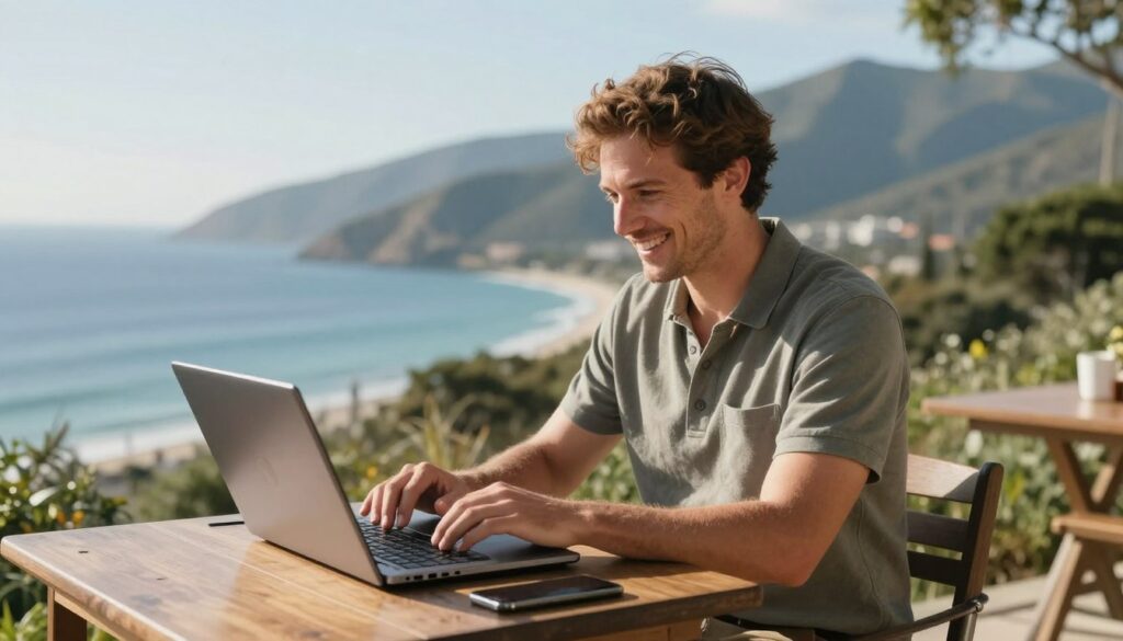 Successful trader enjoying financial freedom lifestyle working from laptop remotely