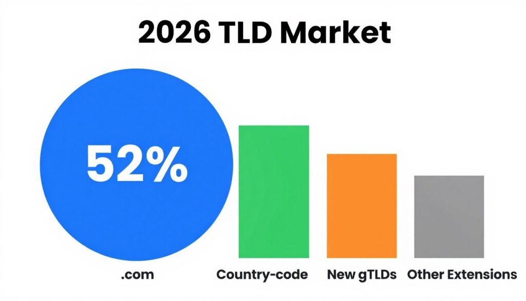 TLD market share distribution pie chart showing .com dominance