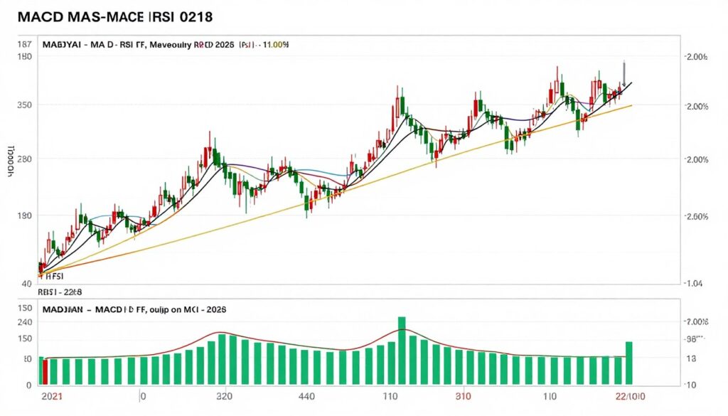 Technical analysis chart with moving averages, RSI, MACD indicators displayed