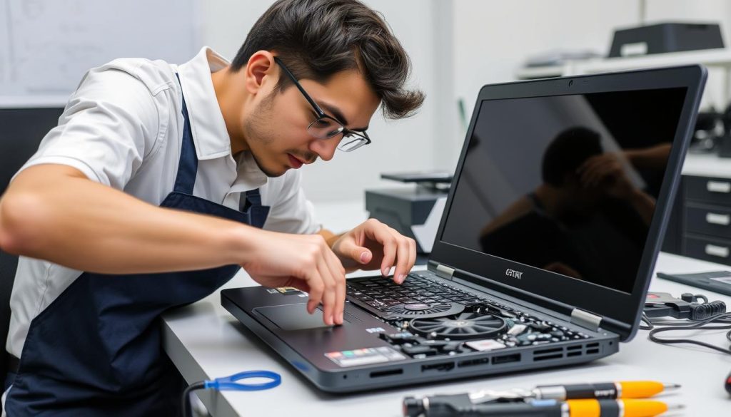 Technician repairing laptop cooling system