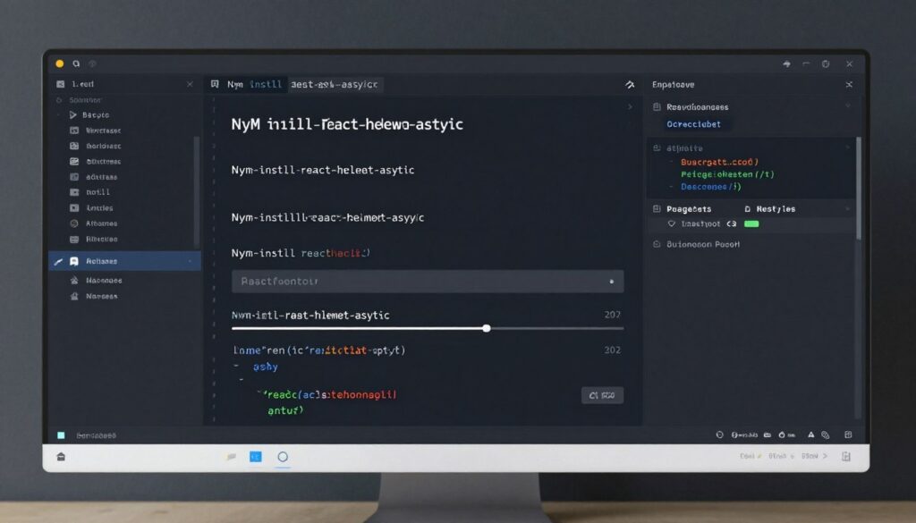 Terminal window showing npm installation command for react-helmet-async package
