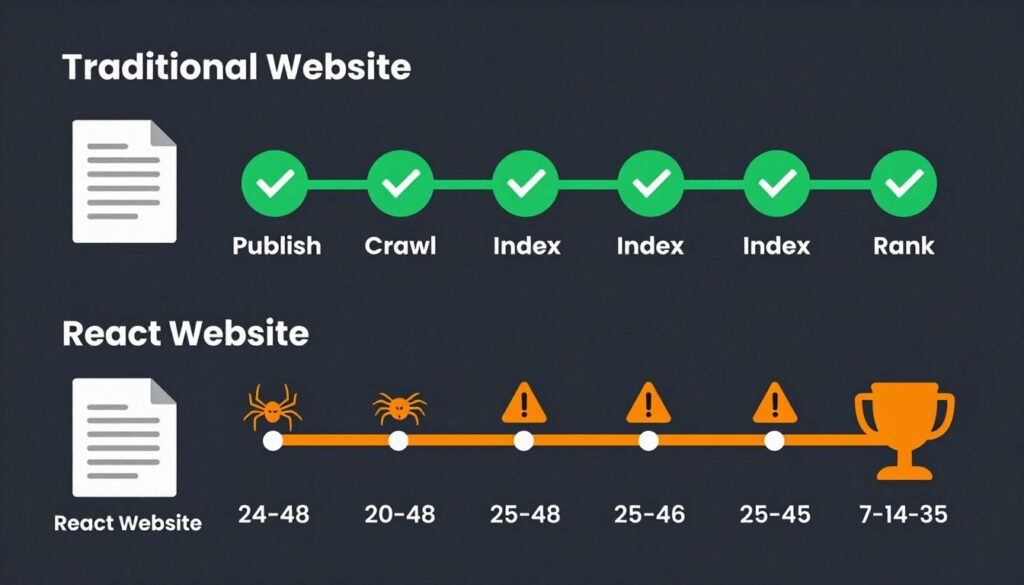 Timeline comparison showing traditional website versus React website indexing speed