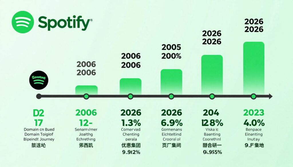 Timeline showing Spotify brand evolution from domain registration to global recognition