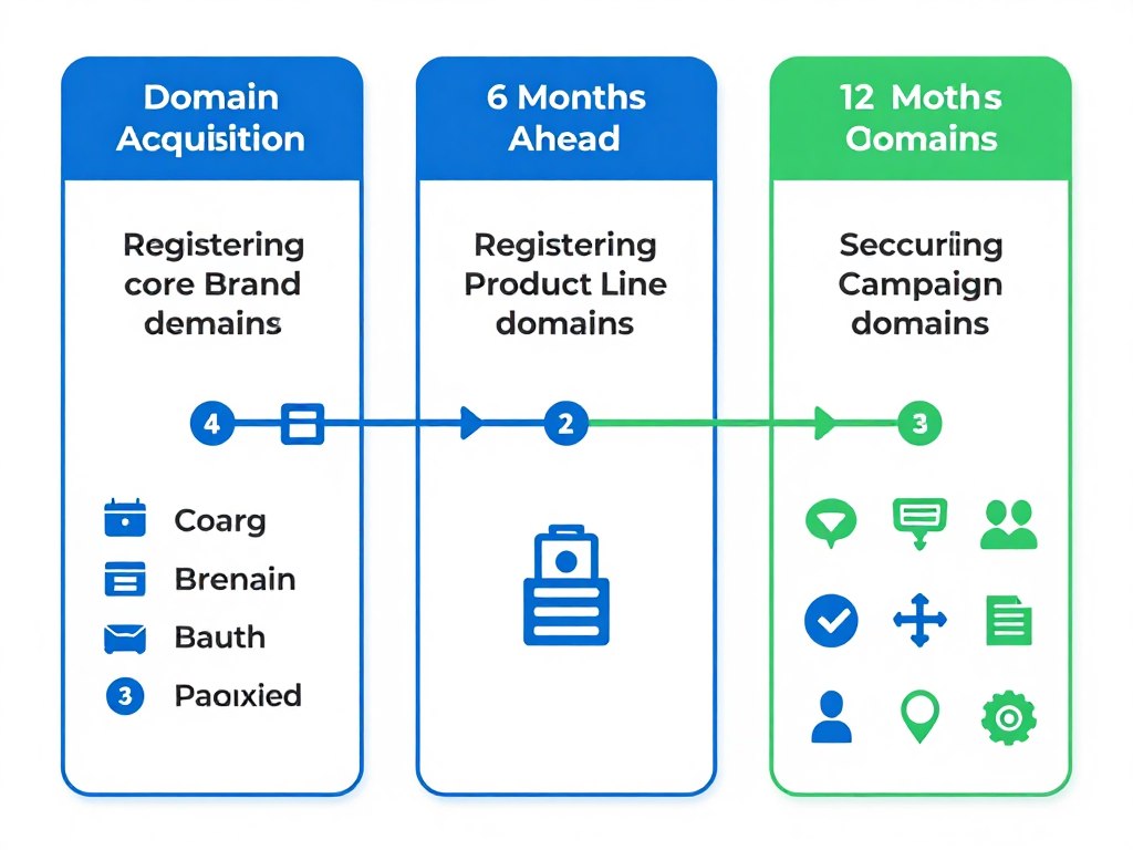 Timeline showing proactive domain acquisition strategy before product launches