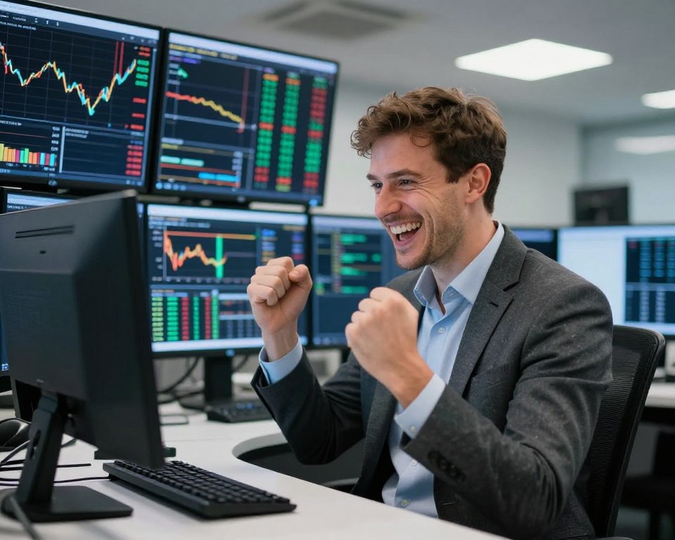 Trader celebrating success with positive trading results displayed on screen