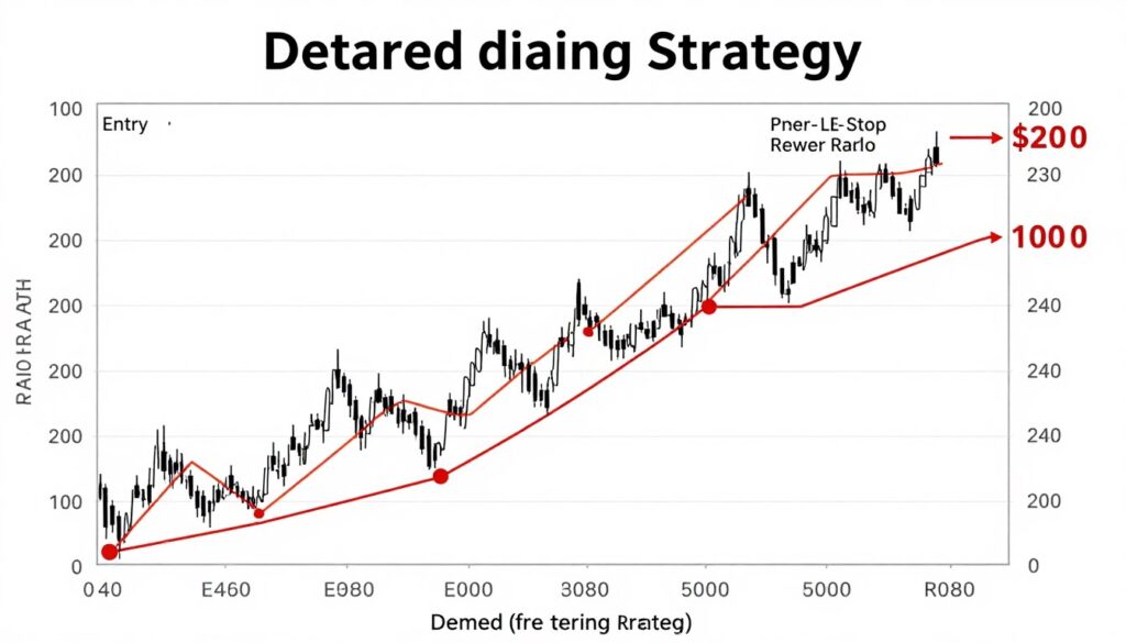 Trading strategy blueprint with technical indicators, entry and exit points marked on charts