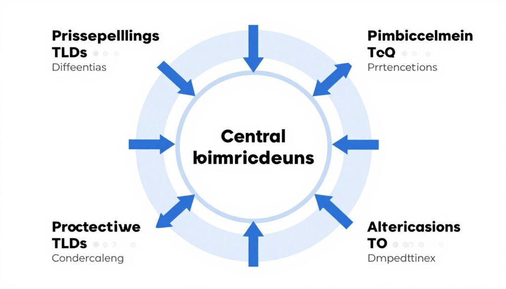Visual diagram showing domain variant protection strategy across multiple TLDs