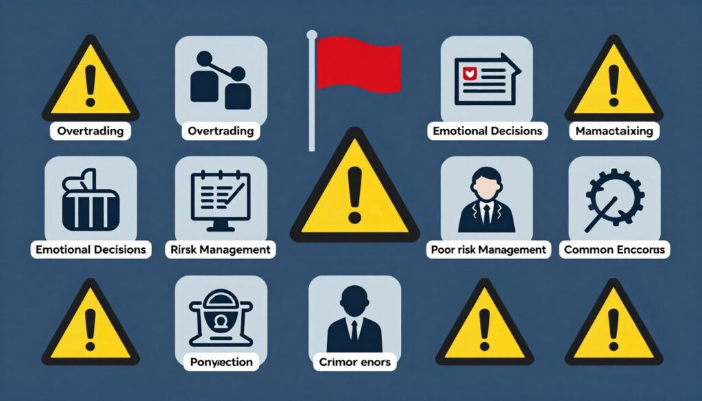 Warning signs and red flags representing common trading mistakes to avoid