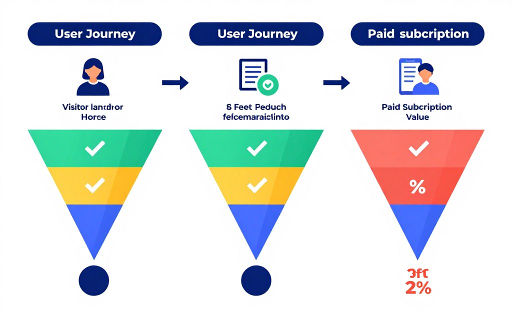 Website conversion funnel showing user journey from visitor to paying customer