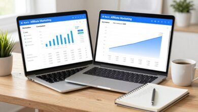 entrepreneur comparing affiliate marketing vs saas business models in 2026 on laptop with charts and revenue graphs