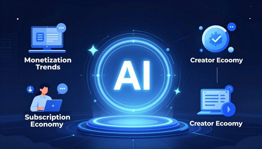futuristic digital landscape showing emerging monetization technologies