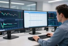 professional trader analyzing prop trading challenges on multiple monitors