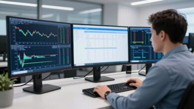professional trader analyzing prop trading challenges on multiple monitors