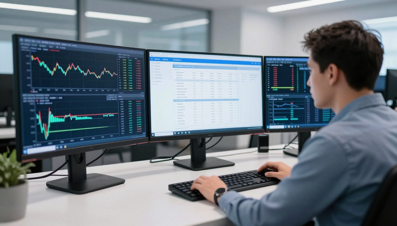 professional trader analyzing prop trading challenges on multiple monitors